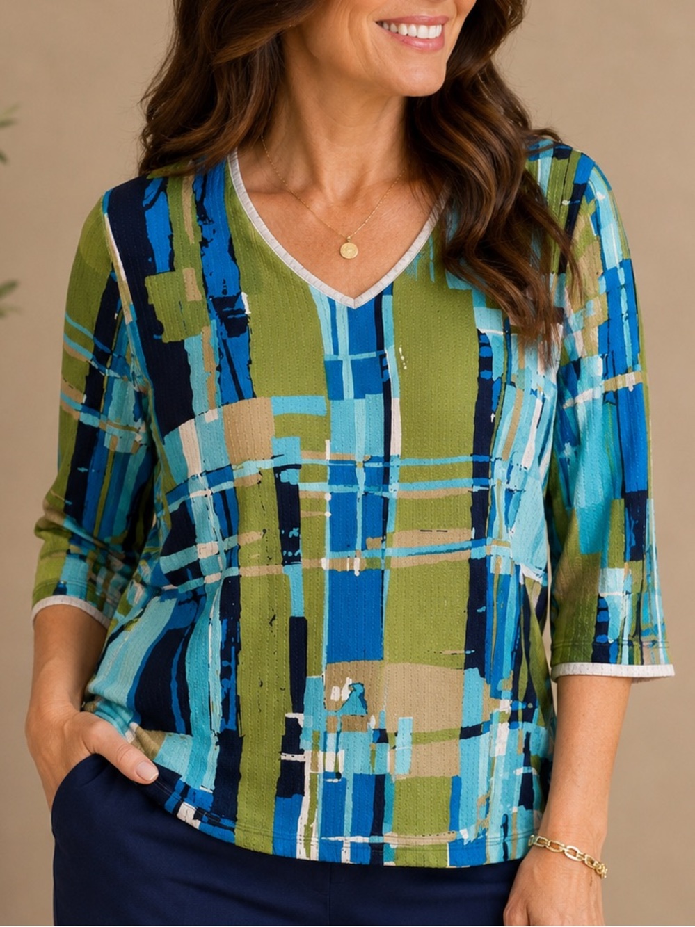 Allison Daley Olive, Teal & Navy Abstract Plaid V-Neck Top